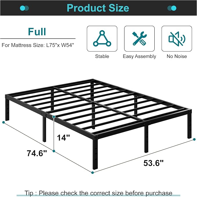 Maenizi 14 Inch Full Size Bed Frame Heavy Duty Support Up to 3000 lbs | No Box Spring Needed, Metal Platform Bed Frame Full , Easy Assembly, Noise Free, Black