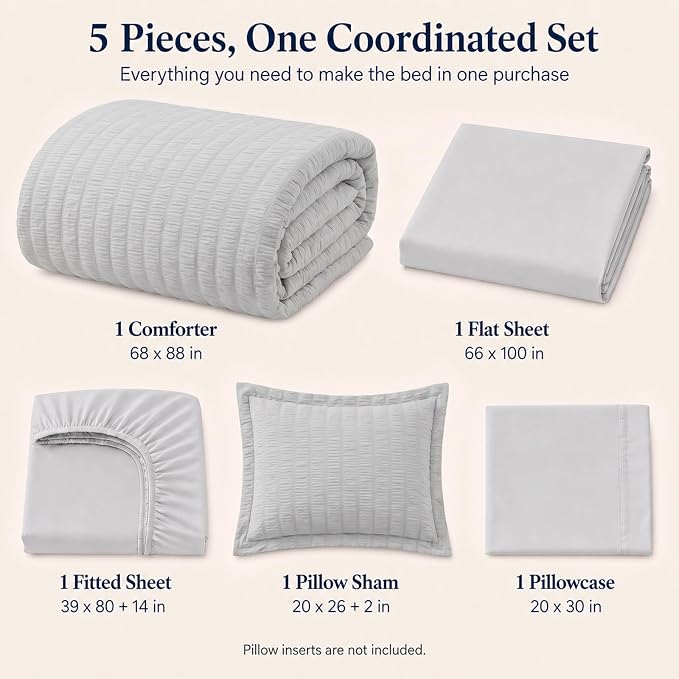 Twin XL Comforter Set, 5 Pieces Light Grey Seersucker Bed in a Bag | OEKO-TEX Certified, College Dorm Twin Extra Long, 240 GSM Down Alternative Comforter, Flat & Fitted Sheets, Pillowcase & Sham