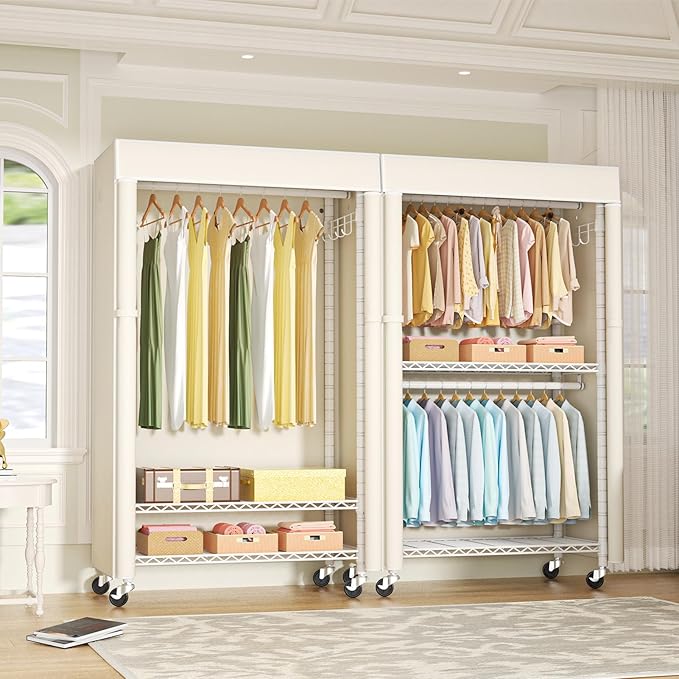 FUTASSI White Clothing Rack with Beige Cover, P1C Rolling Closets | Metal Garment Rack for Hanging Clothes, Clothing Storage Wardrobe, with Wheels