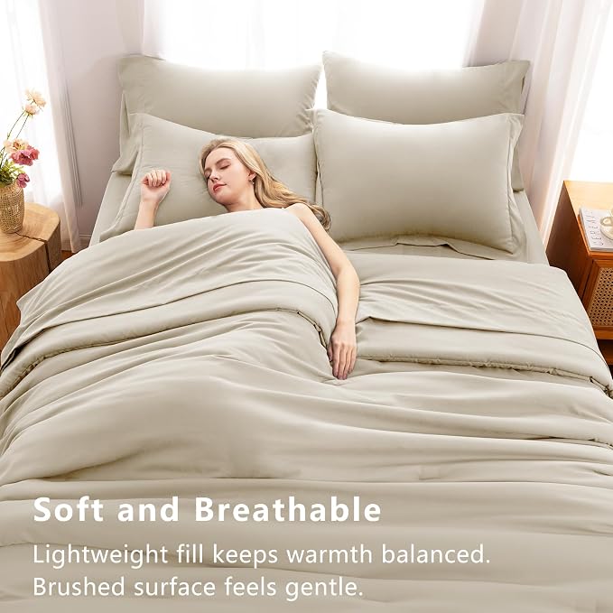 Full Size Comforter Set Oatmeal, 7 Pieces Bed in a Bag | OEKO-TEX Certified, All-Season, Bedroom, 240GSM Down Alternative Comforter, Flat & Fitted Sheets, 2 Pillowcases & 2 Shams