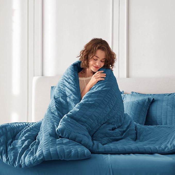 7 Pieces California King Comforter Set, Seersucker Bed in a Bag Cal King Size, All Season Luxury Bedding Set with Comforter, Flat Sheet, Fitted Sheet, Pillowcases & Shams, Teal
