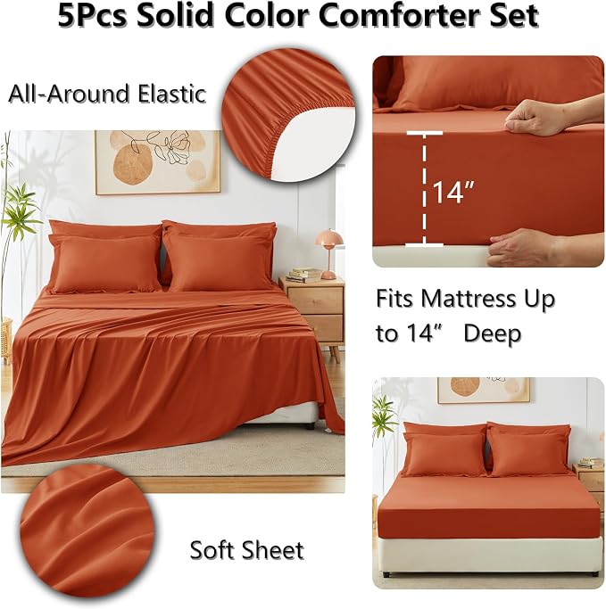 Twin XL Comforter Terracotta, 5 Pieces Bed in a Bag | College Dorm Essentials, OEKO-TEX Certified, 240GSM Down Alternative Comforter, Flat & Fitted Sheets, Pillowcase & Sham