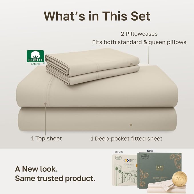 California Design Den Luxury 600 Thread Count Cotton Queen Sheet Set, Beige | 100% Cotton Sateen Backed by Good Housekeeping Seal, Soft & Smooth, 16" Deep Pocket, All-Around Elastic, Durable, Easy Care