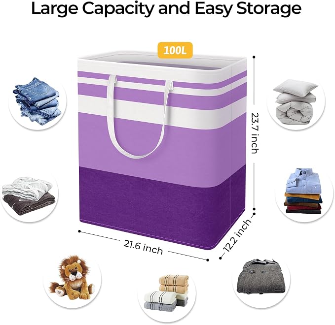 HomeHacks 2 Pack Laundry Baskets, Laundry Hampers Bags (Purple 100Lx2) | Waterproof, Freestanding, Collapsible Clothes Hamper with Reinforced Handles in Laundry Room, Dorm, Bathroom, Bedroom