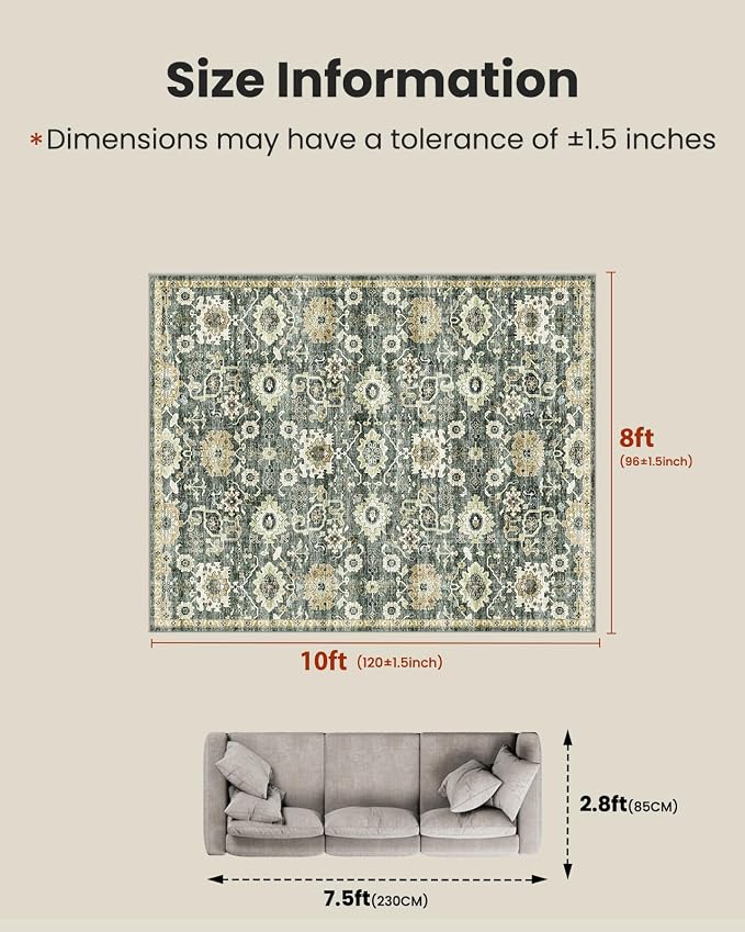 AMADA HOMEFURNISHING 8x10 Washable Area Rug, Low-Profile Large Area Rug with Non-Slip Backing & Durable Edge Binding, Vintage Large Rugs for Living Room, Bedroom, Dinning Room