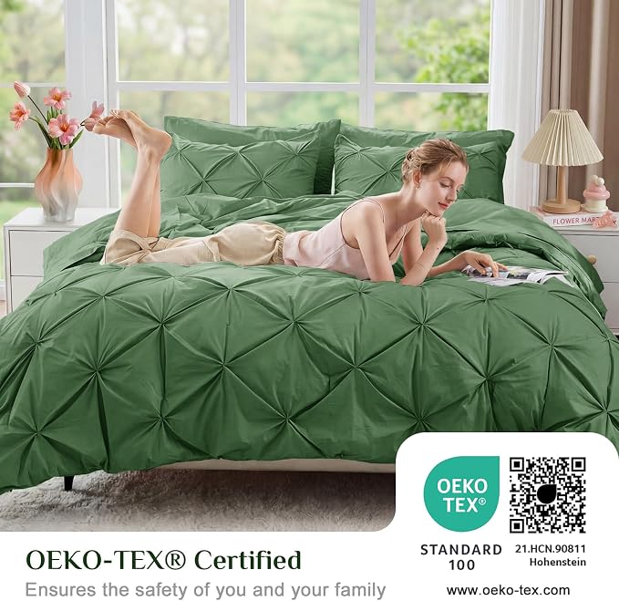 JOLLYVOGUE Full Size Comforter Sets 7 Pieces - Bed in a Bag Full for All Season, Pintuck Bedding Comforter Sets with Comforter, Flat Sheet, Fitted Sheet and Pillowcases & Shams, Green