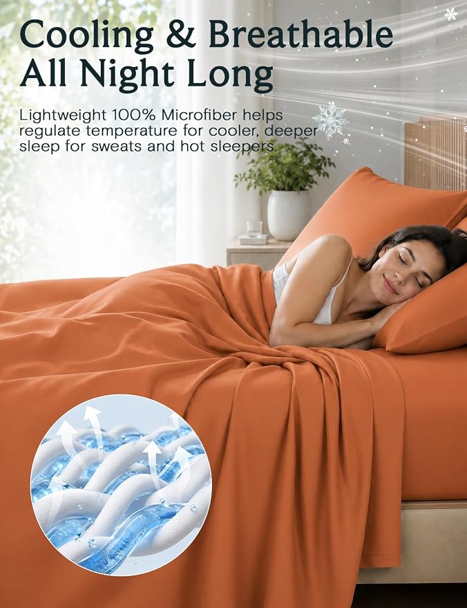 LuxClub King Size Sheets Set, Deep Pocket King Sheets Bed Sheets 4PC, Cooling Sheets King Sized Breathable, Soft Hotel Luxury Bedding Wrinkle Free, Silky Fitted Sheet & Pillowcase Sets, Autumn Orange | LuxClub Silky Fitted Sheet & Pillowcase Sets, Brea...