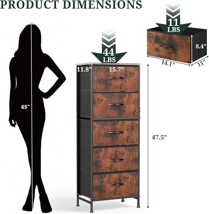 5 Drawers Dresser for Bedroom Fabric Storage Tower with Wooden Top | Steel Frame Tall Chest of Drawers for Closet, Entryway, Dorm, Brown