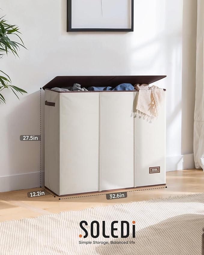 SOLEDI Large Laundry hamper 3 Section with Laundry Bag, XL Clothes Basket | 3-Section Large capacity Laundry Sorter with Odor-Blocking Lid, Robust Iron Frame & Waterproof 600D Fabric, 3 Washable Bags