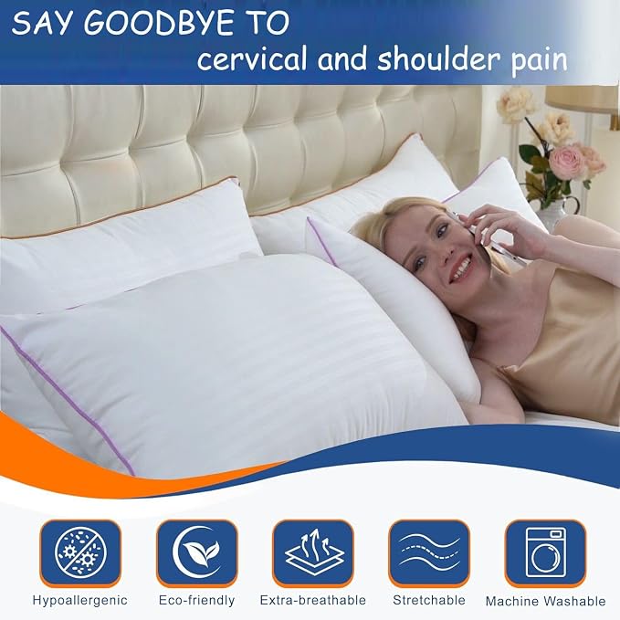 VAINOC Pillows Standard Size Set of 2,Breathable Hotel Collection Bed Pillows for Sleeping Medium Soft Down Alternative Microfiber Filled,17 x 26 Inches