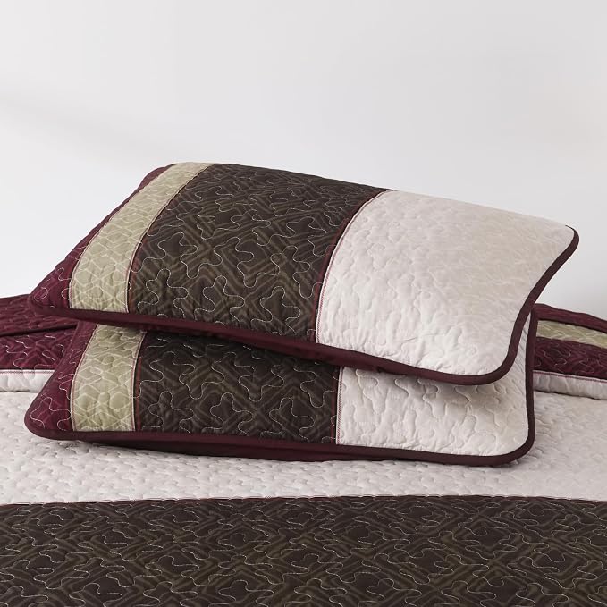 Cottolester King Size Quilt Set,Burgundy Striped Plaid Bedsperad Coverlet | Modern Boho Style,Striped Plaid Design,Ultra Soft Lightweight Microfiber Quilted Bedding Sets for All Seasons 110"x90"