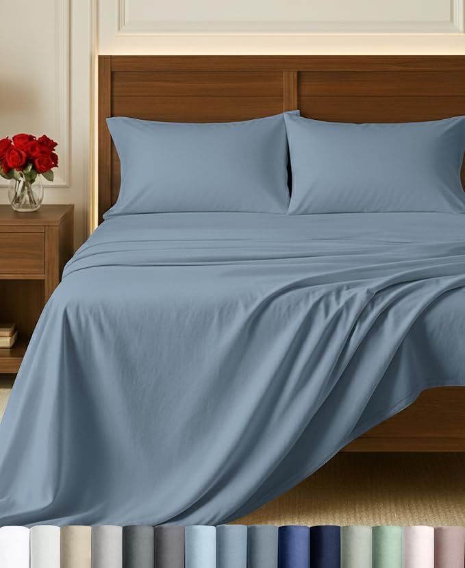 California Design Den Certified 100% Egyptian Cotton Full Bed Sheets Set | Backed by Good Housekeeping Seal, Light & Airy Soft Sateen, 15" Deep Pocket, All-Around Elastic, 4pc Set - Blue Hydrangea