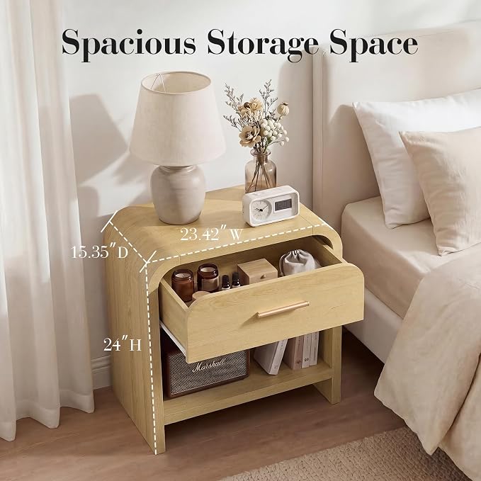 Night Stand Set of 2 [Unique Curved Profile] [FSC-Certified Wooden Board] 1-Drawer and 1 Storage Shelf Nightstand 24" H Metal Handle Modern Bedside Table Side Table End Table for Bedroom | [Curved Profile] [FSC-Certified Wooden Board] Nightstand 24" H ...
