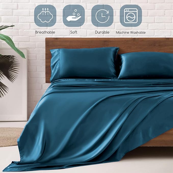 MR&HM Satin Sheets Twin XL Size with Elastic Corner Straps, Teal | Similar to Silk, 3-Piece Silky Soft Bed Sheet Set, Gentle on Skin and Hair, 15" Deep Pocket, Cooling & Breathable