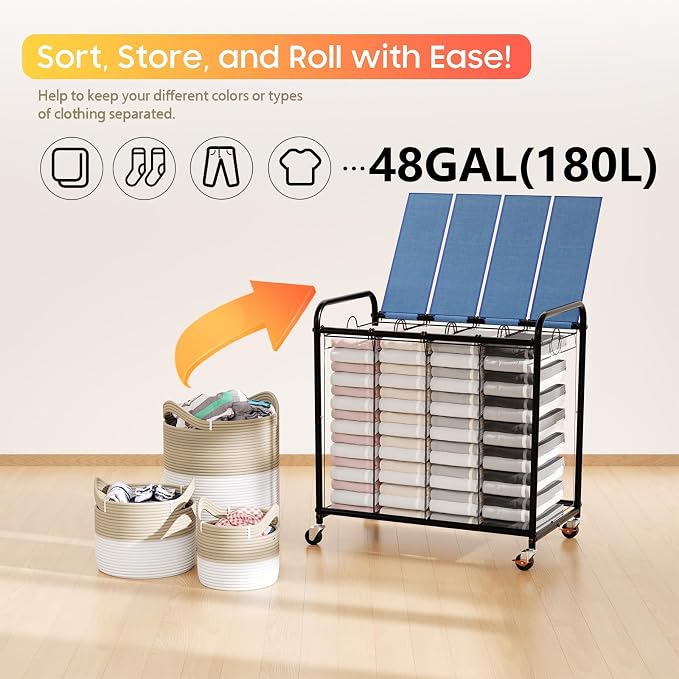 Laundry Sorter 4 Sections 48 Gal, Rolling Laundry Basket with Wheels ＆ Lid | Laundry Hamper, 4 Separated Removable Bags, Lockable Wheels, Dirty Clothes Hamper for Laundry Room Organizer, Blue