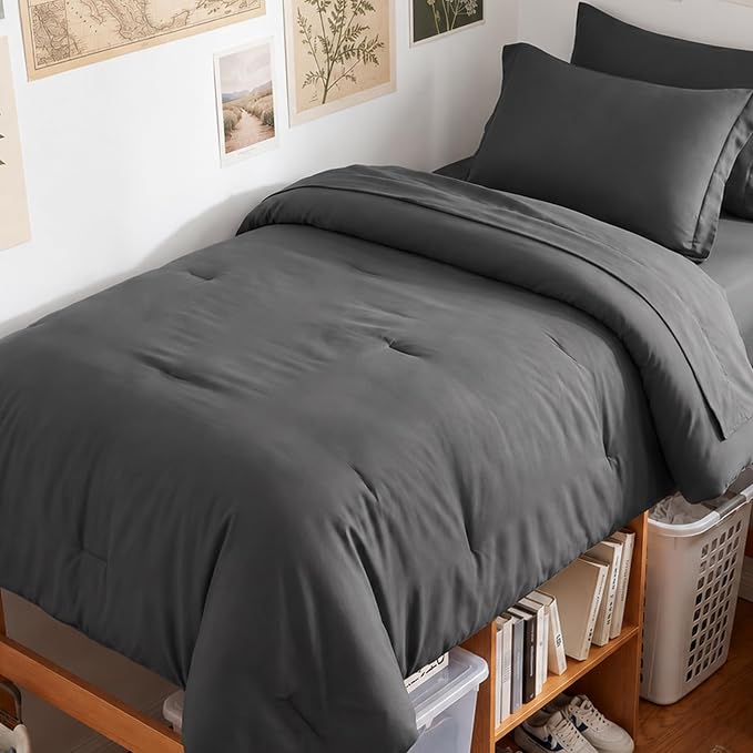 HIMEET Twin Comforter Sets, 5-Piece Point-Quilted Bed in a Bag, Dark Grey | OEKO-TEX Certified, Lightweight 240 GSM Comforter, Flat Sheet, 14-Inch Deep-Pocket Fitted Sheet, Pillowcase & Sham