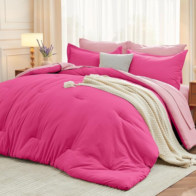 7 Pieces Queen Comforter Set, Soft Bed in a Bag Queen Size, All Season Bedding Set with Comforter, Flat Sheet, Fitted Sheet, Pillowcases & Shams, Hot Pink & Baby Pink