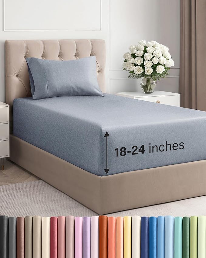 Extra Deep Twin Sheet Set - 3 Piece Breathable & Cooling - Heathered Blue | Easily Fits 18 to 24 inch Mattress - Ultra Soft, Wrinkle & Fade Free with Extra Deep Pockets - Comfy Hotel Luxury Bedding