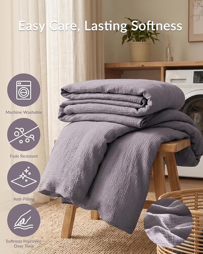 SE SOFTEXLY Muslin Duvet Cover King Size, 100% Washed Cotton Duvet Cover Set, Ultra Soft Comforter Cover Linen Like, 3 Pieces Minimalist Gauze Duvet Cover with 2 Pillowcases, 90"x104", Purple Grey