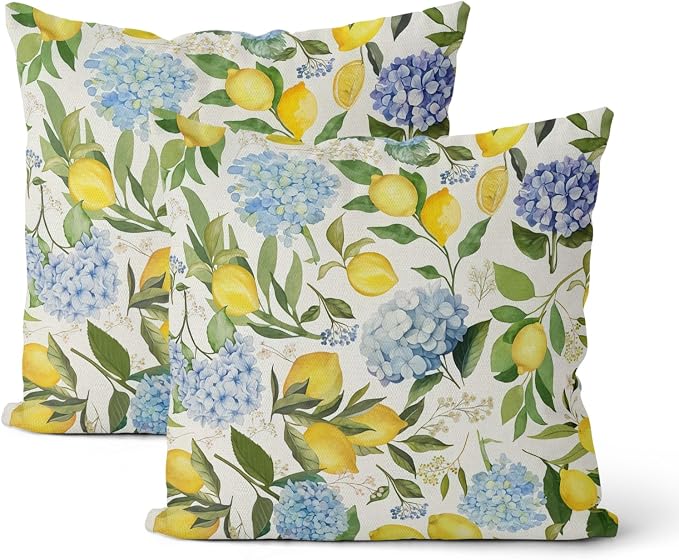 Blue Yellow Pillow Covers 18x18 Inch 2 Pcs Blue Hydrangea Floral Decor Throw Pillows Vintage Lemon Flower Seasonal Summer Outdoor Decoration Pillowcase Linen Cushion Cover for Couch Sofa