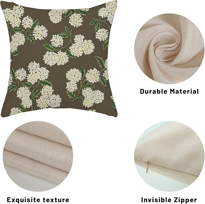 Brown Spring Pillow Covers 16x16 Inch 2 Pcs Green Yellow Hydrangea Flower Decor Throw Pillows Vintage Floral Seasonal Summer Outdoor Decoration Pillowcase Linen Cushion Cover for Couch Sofa