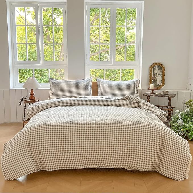 NSNLGSGC Tan Gingham Twin Summer Bedspread Quilt Set | Pre-washed Microfiber,Lightweight Checked Grid Bedding Coverlets for All Seasons