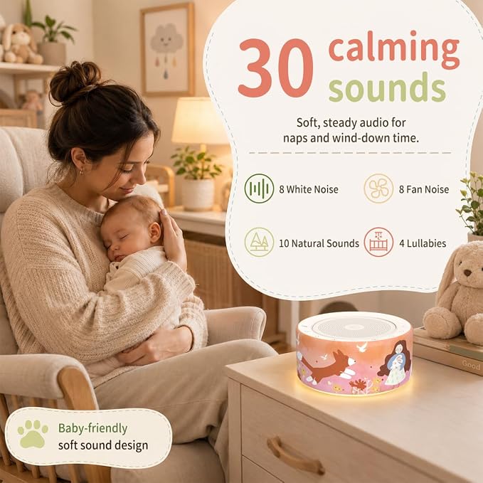 Kipcush White Noise Machine for Baby & Adults, Sleep Sound Machine with 30 Soothing Sounds, 8-Color Night Light, Memory Function, White Noise for Sleeping, Nursery, Office, Travel, Relaxation