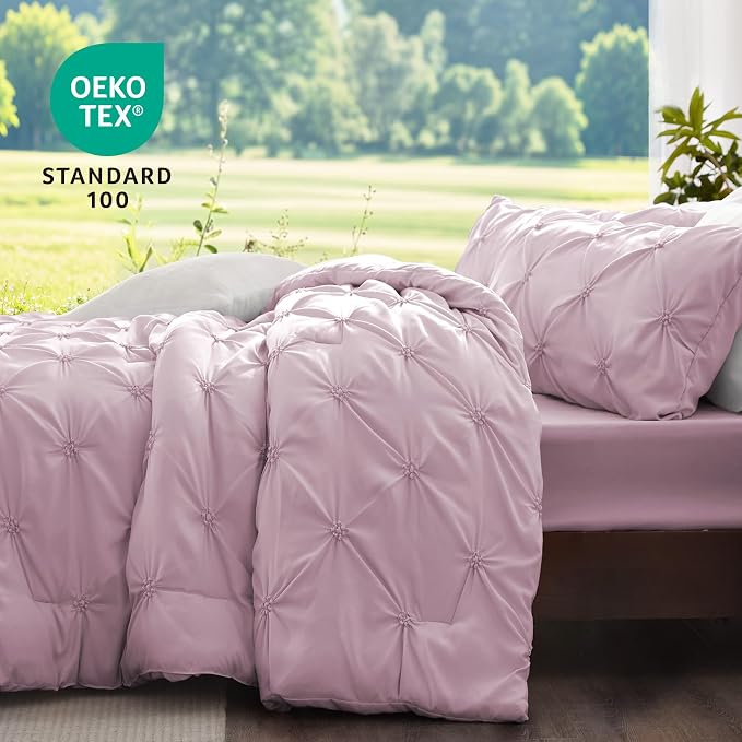 BEDELITE Queen Comforter Set Light Purple,Lightweight & Soft Comforter | Pintuck Boho Bedding, Warm & Cute Bed Set for All Season,With 2 Pillowcases
