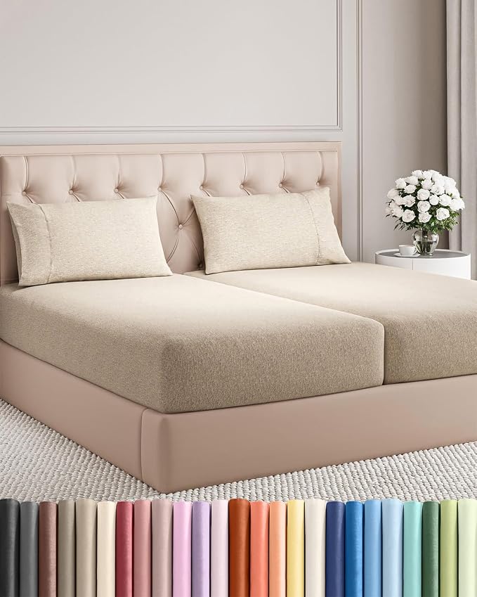 Split King Size 5 Piece Sheet Set - Breathable & Cooling - Heathered Beige | Hotel Luxury Bed Sheets for Women & Men, Deep Pockets, Easy-Fit, Comfy, Soft and Wrinkle Free Sheets, Oeko-Tex Bed Sheet Set