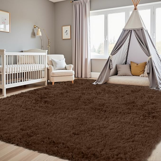 5x7 Fluffy Shag Area Rugs for Living Room Bedroom: Soft Plush Carpet Brown | Upgraded Non-Slip Thick Memory Foam, Ultra Soft, Non-Shedding Fuzzy Carpet, Easy Clean Decor for Kids Room, Nursery, Playroom