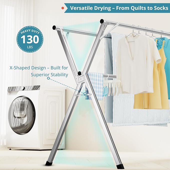 JAUREE 79" Clothes Drying Rack, Drying Rack Clothing Folding Indoor Outdoor | Heavy Duty Stainless Steel Laundry Rack, Foldable Portable Large Clothes Rack Garment Rack with 20 Windproof Hooks