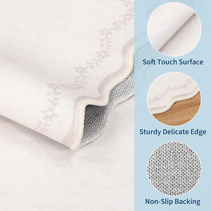 GarveeHome 5x7 Scalloped Area Rug Beige Washable Bedroom Living Room Rug | Soft Floral Low Pile Non Slip Accent Floor Mat Solid Print Throw Rug Indoor Carpet for Dining Room Dorm Playroom