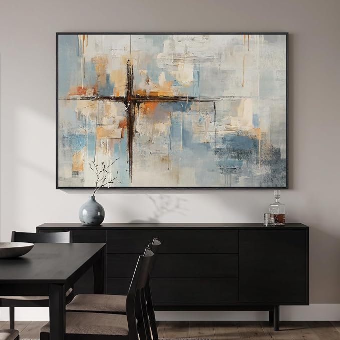 Extra Large Framed Blue Abstract Wall Art for Living Room, Horizontal 60x40 | Cross picture, Canvas prints, Wood frame, Modern blue orange paintings, Artwork for walls, Wall decor for bedroom dining room