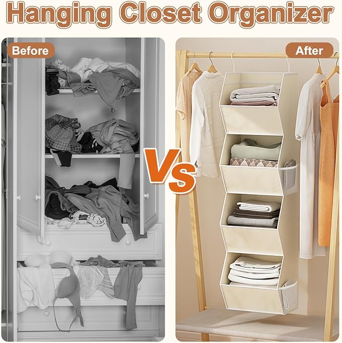 Hanging Closet Organizer 4 Shelf Collapsible Fabric Closet Organizers and Storage Hanging with Mesh Pocket for Clothes, Hanging Wardrobe Organizers and Storage for Sweater T-Shirt Shoes Toys, Beige