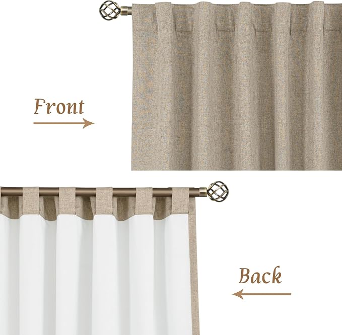 Natural 100% Blackout Linen Curtains 54 Inches 2 Panels, 42 x 54 Inch | Privacy Protected Bedroom Curtains, Thermal Insulated, Farmhouse Panels, Rod Pocket Back Tab, with White Liner, Taupe