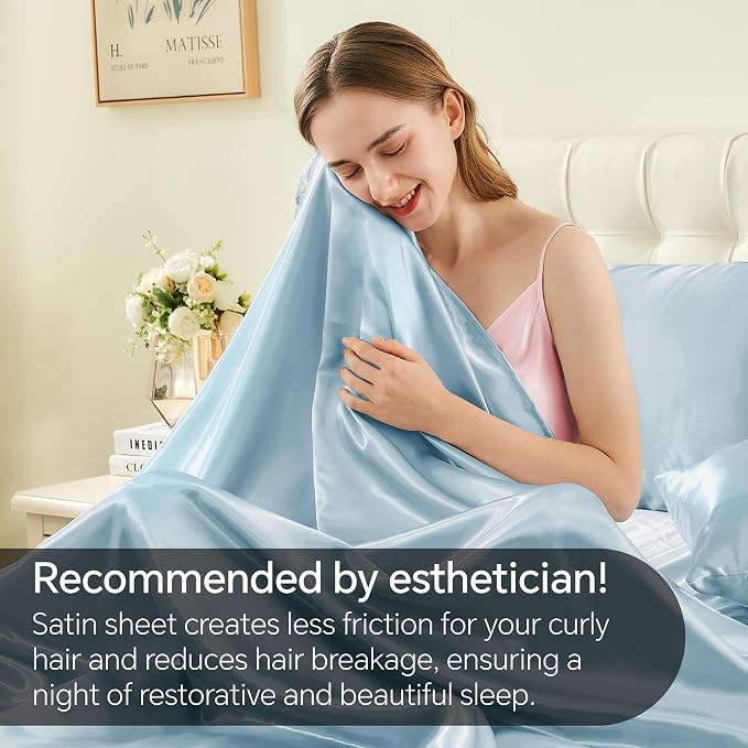 BEDELITE Satin Sheets Twin Size Bed Set, Light Blue, 3 Pieces | Luxury Silky Bed Sheets, 15 Inch Deep Pocket, Similar to Silk, Soft and Cooling, Reduces Friction, Gentle on Hair and Skin