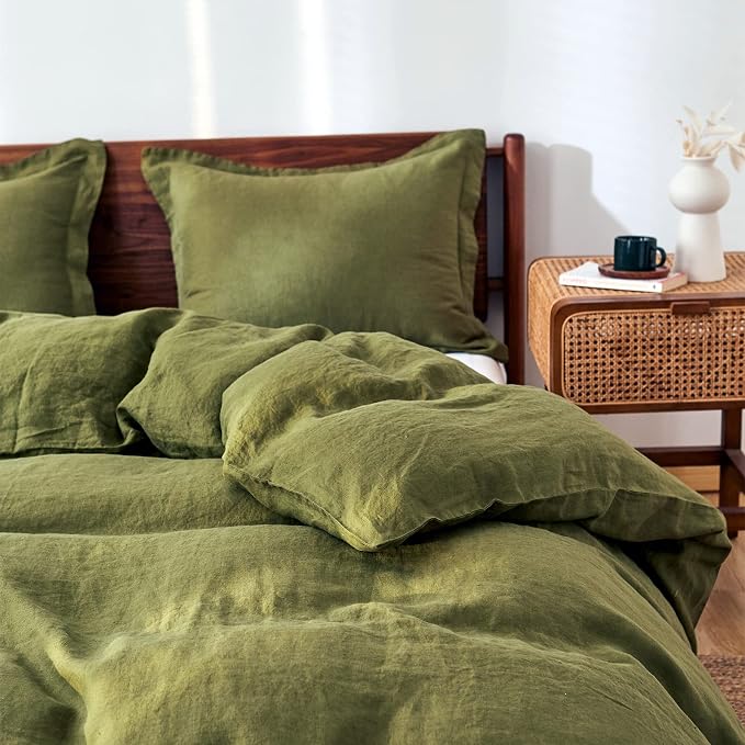 Simple&Opulence 100% Linen Duvet Cover Set 3pcs Basic Style Natural French Washed Flax Solid Color Soft Breathable Farmhouse Bedding with Button Closure - Olive Green, King