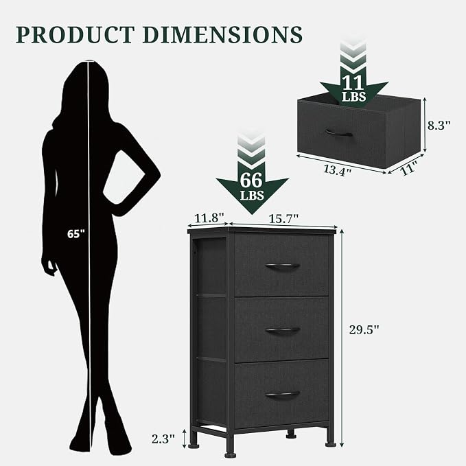 3 Drawers Dresser for Bedroom Fabric Storage Tower with Wooden Top | Steel Frame Chest of Drawers for Closet Entryway Dorm and Small Spaces, Black