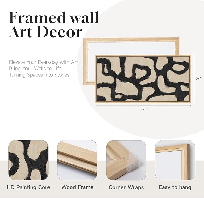 Framed Neutral Modern Abstract Horizontal Wall Art for Living Room, 24x48 | Black and beige, Modern, Minimalist, Large, Canvas artwork, Bedroom wall decor, Hallway wall art, Home office, Ready to hang