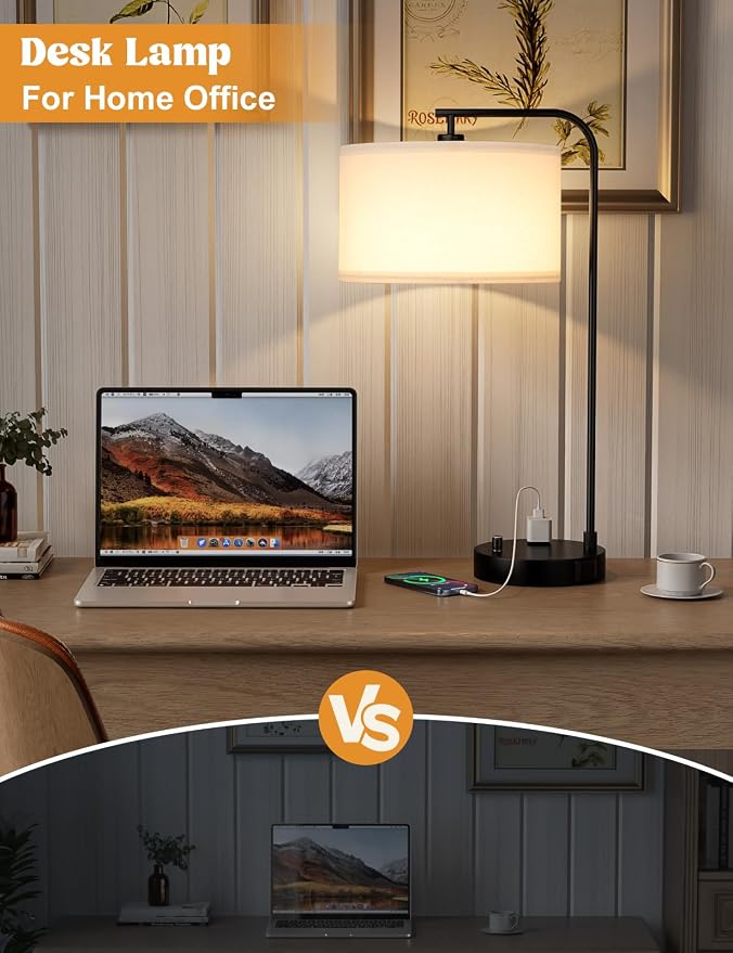 Innqoo White Side Table Lamp with USB Port and Outlet, Dimmable Nightstand Bedside Lamps with Linen Lampshade, Desk Lamp for Bedroom, Living Room, Guest Room, Home Office, LED Bulb Included