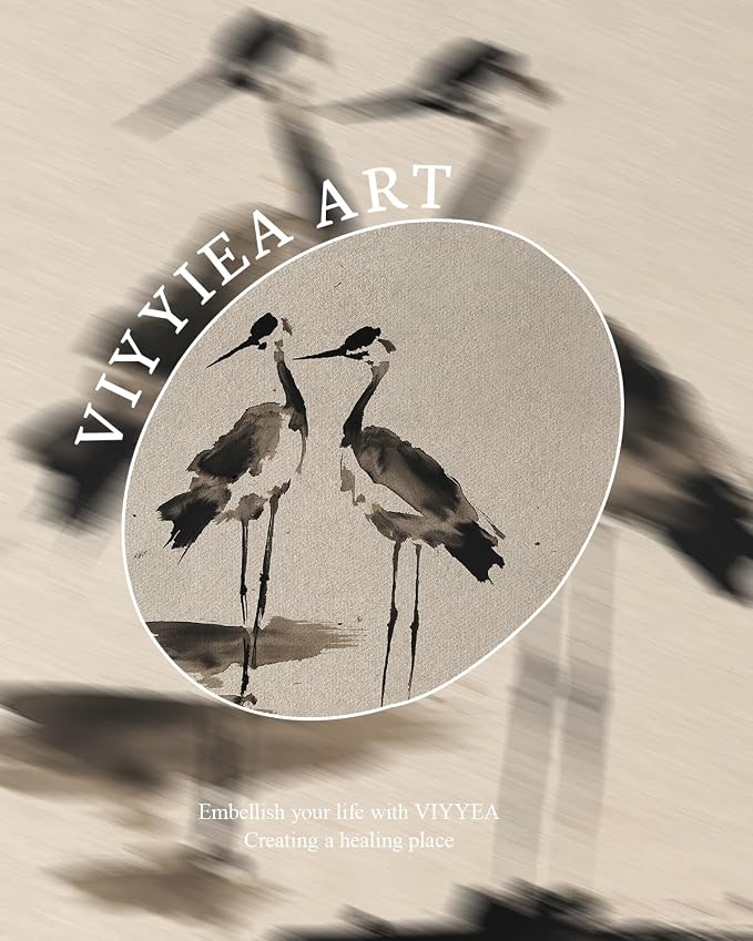 VIYYIEA Vintage Gold Framed Wall Art for Living Room, Two Cranes Canvas Prints Home Decor, Ink Painting Picture, Bedroom Wall Decor Gifts for Friends or Family -【Two Cranes】-(16L x 12W)