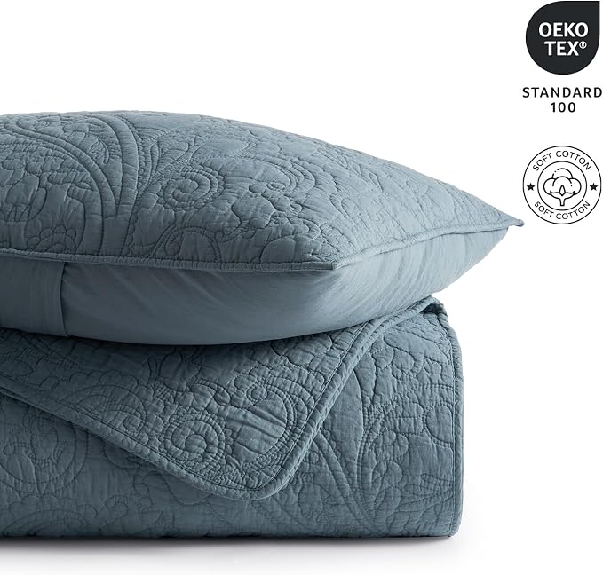EVERGRACEHOME 100% Cotton Paisley Quilt Set, King Size, Stormy Blue | Prewashed for Softness, Year-Round Breathability, Gift-Ready Box, Matelasse-style Quilted Coverlet, 3 Piece Set with 2 Shams