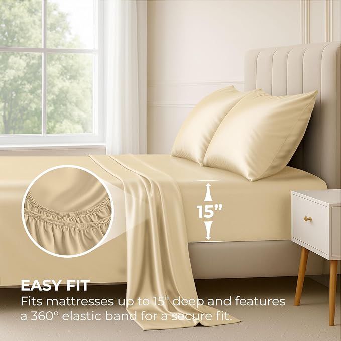 Satin Sheets California King [4-Piece, Ivory] Luxury Silky Bed Sheets - Extra Soft 1800 Microfiber Sheet Set, Wrinkle, Fade, Stain Resistant - Deep Pocket Fitted Sheet, Flat Sheet, Pillow Cases