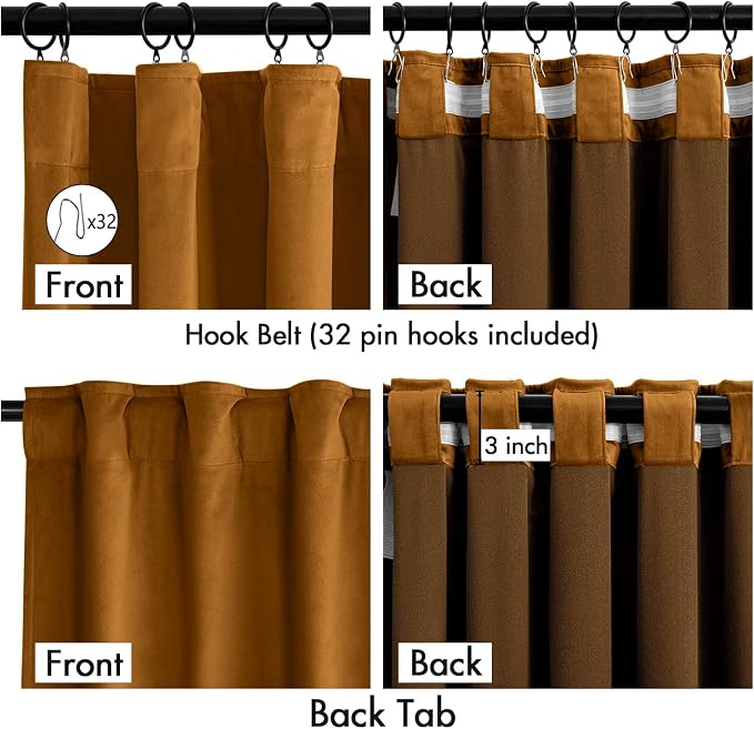 MIULEE Velvet Curtains 50W x 90L 2 Panels Golden Brown Blackout Curtains | Luxury velvet fabric, pinch pleat design, back tab hooks, thermal insulated, blackout light blocking, for living room bedroom
