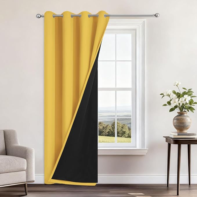 Yakamok Mustard Yellow Blackout Curtains 84 Inches Long 52" Wide 1 Panel | Blackout Curtain Panels for Bedroom, 2 Thick Layers Grommet Top Thermal Insulated Drapes with Black Liner for Living Room