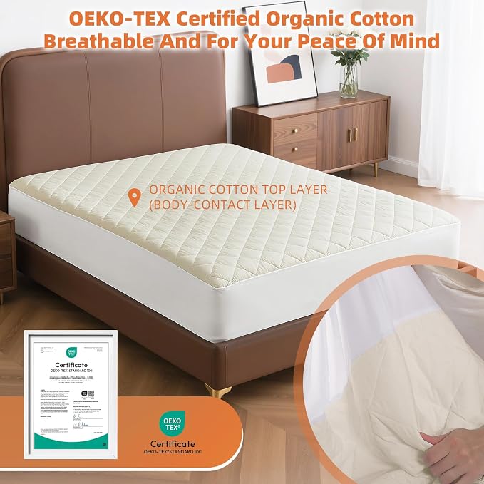 Organic Twin Mattress Protector -Top&Side 100% Waterproof Protector | Organic Mattress Protectors for Bed | 5-Sided Waterproof Protection | Noiseless & Breathable | Twin Size 75x39x17 in