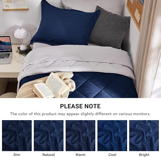 5 Pieces Twin XL Comforter Set, Reversible Bed in a Bag Twin XL Size, All Season Bedding Set with Comforter, Flat Sheet, Fitted Sheet, Pillowcases & Shams, Navy & Light Grey