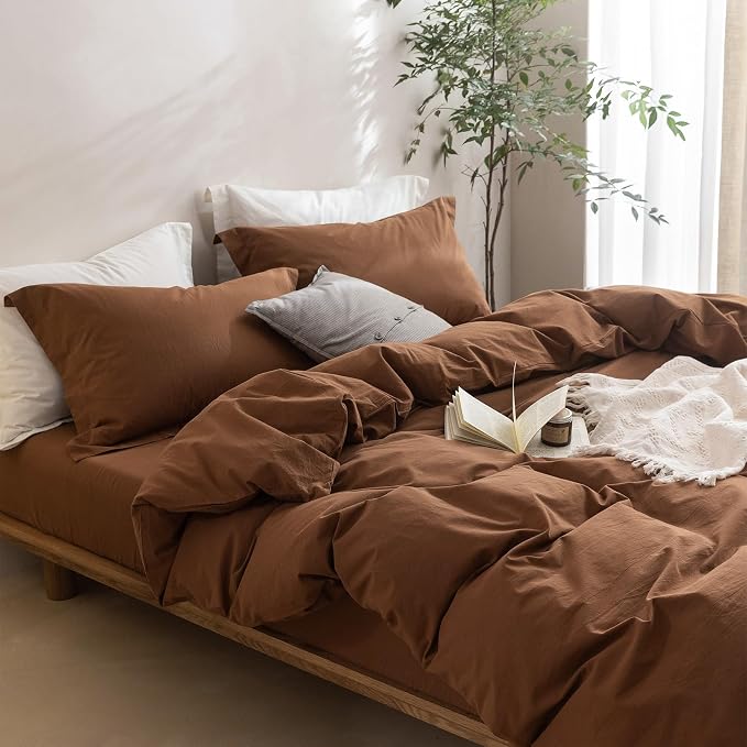 BDEAR 3Pcs Dark Orange Duvet Cover Super Queen Size 98" L x 90" W | 100% Washed Cotton, 1 Duvet Cover with 2 Pillowcases, Zipper Closure, OEKO TEX Standard,8 Corner Ties,Linen-Liked Texture