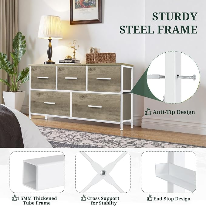 5-Drawer Dresser for Bedroom, Anti-Tip Wide Storage Organizer Fabric | Chest of Drawers TV Stand for 45" TV with Wooden Top and Metal Frame for Closet, Living Room, Hallway, Entryway, Greige Oak