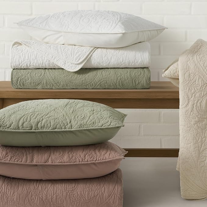 EVERGRACEHOME 100% Cotton Paisley Quilt Set, Queen Size, Light Sage Green | Prewashed for Softness, Year-Round Breathability, Gift-Ready Box, Matelasse-style Quilted Coverlet, 3 Piece Set with 2 Shams